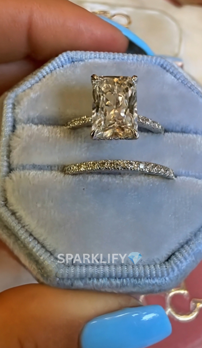 Sparklify: 1ct-5ct IGI Certified Radiant Lab Diamond Ring Set + Matching Eternity Band